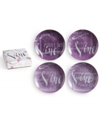 A perfect pairing for reds, white and roses, the Vino appetizer plates from Rosanna combine French script and four wine labels for a look of bistro charm. A perfect pairing for reds, white and roses, the Vino appetizer plates from Rosanna combine French script and four wine labels for a look of bistro charm.