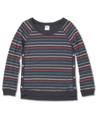 She'll always stay ahead of the fashion curve with Roxy's cool, laid-back styles, including this striped side-button top. She'll always stay ahead of the fashion curve with Roxy's cool, laid-back styles, including this striped side-button top.