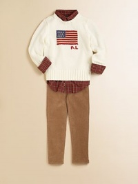 A toasty crewneck sweater is rendered in soft cotton with an intarsia-knit flag motif for an authentic heritage look.CrewneckLong sleevesPullover styleCottonMachine washImported A toasty crewneck sweater is rendered in soft cotton with an intarsia-knit flag motif for an authentic heritage look.CrewneckLong sleevesPullover styleCottonMachine washImported