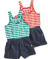 One shot. She'll be picture perfect without even trying in this one-piece striped romper from Guess. One shot. She'll be picture perfect without even trying in this one-piece striped romper from Guess.