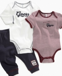Quick change! Keep cute options convenient with this bodysuits and pant 3-piece set from Guess. Quick change! Keep cute options convenient with this bodysuits and pant 3-piece set from Guess.