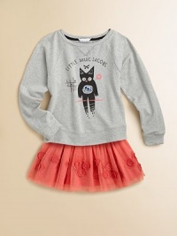 Sweatshirt styling in a lightweight French terry top, adorably adorned with a surprised mouse-consuming cat on the front.Banded round neckline with V insertLong raglan sleeves with band cuffsBanded bottom97% viscose/3% elastaneMachine washImported Sweatshirt styling in a lightweight French terry top, adorably adorned with a surprised mouse-consuming cat on the front.Banded round neckline with V insertLong raglan sleeves with band cuffsBanded bottom97% viscose/3% elastaneMachine washImported