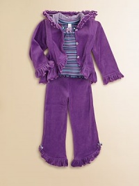 Crafted in plush velour with ruffled trim, this cozy two-piece set is perfect for lounging around or styling on the streets. Hoodie Attached hood with ruffled trimLong sleeves with ruffled cuffsButton-frontRuffled hem Yoga Pants Fold-down waistbandRuffled, split hem80% cotton/CVC velourMachine washImported Please note: Number of buttons may vary depending on size ordered. Crafted in plush velour with ruffled trim, this cozy two-piece set is perfect for lounging around or styling on the streets. Hoodie Attached hood with ruffled trimLong sleeves with ruffled cuffsButton-frontRuffled hem Yoga Pants Fold-down waistbandRuffled, split hem80% cotton/CVC velourMachine washImported Please note: Number of buttons may vary depending on size ordered.