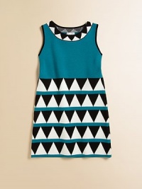 She'll shape up in this stunning knit shift finished with bold geometric patterns at the collar and skirt.Jewel necklineSleevelessPull-on styleRibbed hem72% viscose/28% polyesterHand washImported She'll shape up in this stunning knit shift finished with bold geometric patterns at the collar and skirt.Jewel necklineSleevelessPull-on styleRibbed hem72% viscose/28% polyesterHand washImported