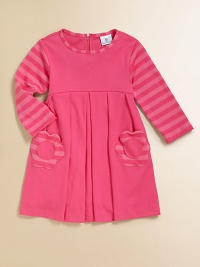 Rendered in an ultra-soft cotton blend with striped sleeves, pleated skirt and flower patch pockets for a cheerful look.Round necklineLong sleevesBack zipperFlower patch pocketsPleated skirt50% cotton/50% polyesterMachine washImported Rendered in an ultra-soft cotton blend with striped sleeves, pleated skirt and flower patch pockets for a cheerful look.Round necklineLong sleevesBack zipperFlower patch pocketsPleated skirt50% cotton/50% polyesterMachine washImported