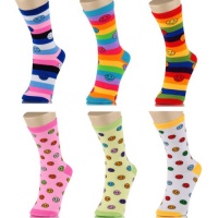 Happy Face Striped & Solids 6 Pack Ladies Crew Socks Happy Face Striped & Solids 6 Pack Ladies Crew Socks