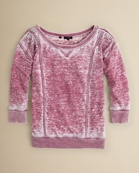 A cleverly destroyed hoodie from GUESS featuring an allover acid wash and stud accents for a decidedly divergent take on a classic. A cleverly destroyed hoodie from GUESS featuring an allover acid wash and stud accents for a decidedly divergent take on a classic.