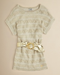 A lovely loose-knit sweater dress spun with metallic thread and finished with goldtone snake-print belt at the waist. A lovely loose-knit sweater dress spun with metallic thread and finished with goldtone snake-print belt at the waist.