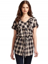 THE LOOKRuffles along the V-neckButton frontShort sleeves with turn-back cuffsDrawstring waist with tiesShirttail hemTHE FITAbout 30 from shoulder to hemTHE MATERIAL97% viscose/3% elastaneCARE & ORIGINDry clean Made in USAModel shown is 5'10 (178cm) wearing US size 4. THE LOOKRuffles along the V-neckButton frontShort sleeves with turn-back cuffsDrawstring waist with tiesShirttail hemTHE FITAbout 30 from shoulder to hemTHE MATERIAL97% viscose/3% elastaneCARE & ORIGINDry clean Made in USAModel shown is 5'10 (178cm) wearing US size 4.
