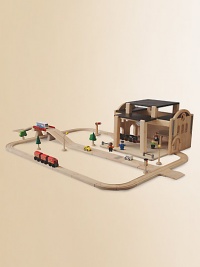 Made entirely from recycled materials, an unassuming wooden box transforms into a bustling train station. Includes road and rail tracks, train, train station, vehicles, figures, trees, traffic signs and lights For ages 4 and up About 17W X 11H X 15½D Keep dry Imported