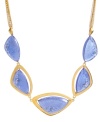 Blue is better. Kenneth Cole New York's mixed metal necklace is gold-plated and features blue resin geometric frontal beads with pave crystal accents. A gold-tone necklace chain with crystal cub chain accents holds everything together. Approximate length: 20 inches + 3-inch extender. Approximate drop: 1-1/2 inches.