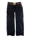 Slim-fitting jean rendered in a rugged dark wash with authentic denim detailing