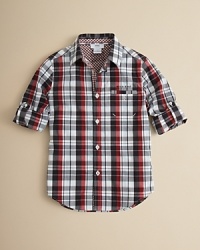 Contrasting check peeks out from the collar and rollback sleeves on this casually cool and comfortable poplin shirt from HUGO BOSS. A great option for a lunch with the grandparents. Contrasting check peeks out from the collar and rollback sleeves on this casually cool and comfortable poplin shirt from HUGO BOSS. A great option for a lunch with the grandparents.