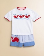 Swimming whale appliqués and contrasting trim make a splash on the front of this plush cotton knit.CrewneckShort sleevesPullover styleCottonMachine washImported