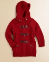 She'll stay cute and comfy in this waffle-knit layer with a versatile detachable hood, adorable toggle details and a longer silhouette to keep her extra warm.Detachable button hoodRibbed stand collarLong sleeves with ribbed cuffsFront toggle closureSlightly fitted waistSide slash pocketsFront patch button pocketsRibbed hem80% wool/20% nylonHand washMade in Italy