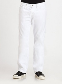 Clean, crisp straight-leg silhouette shaped in premium cotton.Five-pocket styleInseam, about 33CottonMachine washMade in USA Clean, crisp straight-leg silhouette shaped in premium cotton.Five-pocket styleInseam, about 33CottonMachine washMade in USA