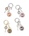 Add signature style to your accessories wardrobe with this delightful key chain from MICHAEL Michael Kors. MK logo lock and key charms are embellished with smooth enamel and dangle discretely from a pretty, polished key ring.