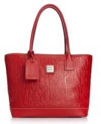 Show some signature style with this sleek, logo-embossed leather bag from Dooney & Bourke. Spacious and poised to tote your everyday essentials, it's decidedly the must-have design this season. Show some signature style with this sleek, logo-embossed leather bag from Dooney & Bourke. Spacious and poised to tote your everyday essentials, it's decidedly the must-have design this season.