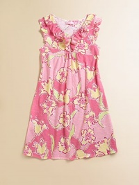 A vivid print of leaves and flowers on ultra-soft, lightweight cotton with delicate ruffled trim.Ruffled V-neckShort flutter sleevesPullover stylingRuffle at bodiceCottonMachine washImported A vivid print of leaves and flowers on ultra-soft, lightweight cotton with delicate ruffled trim.Ruffled V-neckShort flutter sleevesPullover stylingRuffle at bodiceCottonMachine washImported