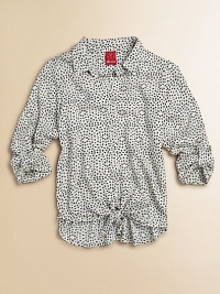 Perky polka dots and a tie-front hem define this lightweight button-down.Shirt collarLong sleeves with button-tab roll-up cuffsButton-frontTie-front hemRayonMachine washImported Please note: Number of buttons may vary depending on size ordered. Perky polka dots and a tie-front hem define this lightweight button-down.Shirt collarLong sleeves with button-tab roll-up cuffsButton-frontTie-front hemRayonMachine washImported Please note: Number of buttons may vary depending on size ordered.