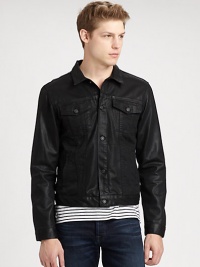 A classic jean jacket silhouette constructed in over-dyed cotton, which is then sprayed and coated to provide the feel of a jean jacket with the look of leather.Button-frontChest flap, waist slash pocketsCottonMachine washMade in USA A classic jean jacket silhouette constructed in over-dyed cotton, which is then sprayed and coated to provide the feel of a jean jacket with the look of leather.Button-frontChest flap, waist slash pocketsCottonMachine washMade in USA