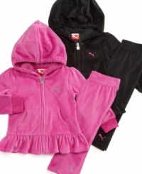 Keep her sporty look girlie with one of these ruffly jacket and pant sets from Puma. Keep her sporty look girlie with one of these ruffly jacket and pant sets from Puma.