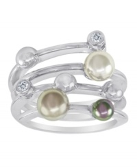 Endlessly elegant. Three organic man-made pearls in ocean-inspired hues stun among cubic zirconia accents. Endless ring crafted from sterling silver. Adjustable sizing; one size fits most.