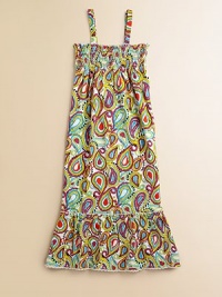 A bold paisley print adorns this sweet, warm-weather ready maxi with pretty smocked bodice and ruffled hem.SquareneckSleevelessPullover styleSmocked bodiceDrop-waist95% cotton/5% spandexMachine washImported A bold paisley print adorns this sweet, warm-weather ready maxi with pretty smocked bodice and ruffled hem.SquareneckSleevelessPullover styleSmocked bodiceDrop-waist95% cotton/5% spandexMachine washImported