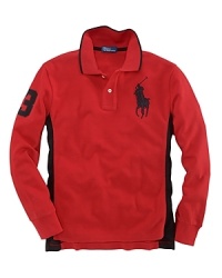 A long-sleeved cotton mesh polo, crafted in a classic fit, is detailed with an embroidered Big Pony, contrast stripes at the side and a twill 3 for an athletic look. A long-sleeved cotton mesh polo, crafted in a classic fit, is detailed with an embroidered Big Pony, contrast stripes at the side and a twill 3 for an athletic look.