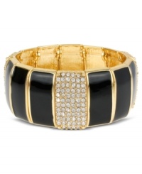Haskell's stretch bracelet is a fashionable choice for mixing and matching with bold black enamel and crystal accents. Bracelet stretches to fit wrist. Crafted in gold tone mixed metal. Approximate length: 7 inches. Approximate width: 1 inch. Haskell's stretch bracelet is a fashionable choice for mixing and matching with bold black enamel and crystal accents. Bracelet stretches to fit wrist. Crafted in gold tone mixed metal. Approximate length: 7 inches. Approximate width: 1 inch.