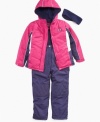 Bundle her up for a ball of fun in the cold with this jacket and bib snowsuit set from Pink Platinum.