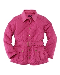 The classic barn jacket in diamond-quilted microfiber is updated for a modern preppy look with a corduroy pointed collar and belted waist. The classic barn jacket in diamond-quilted microfiber is updated for a modern preppy look with a corduroy pointed collar and belted waist.