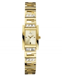 Sport your GUESS appreciation with this unique timepiece designed with G-shaped bracelet links embellished with crystal accents. Sport your GUESS appreciation with this unique timepiece designed with G-shaped bracelet links embellished with crystal accents.