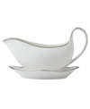 The classic, heirloom-quality Sterling dinnerware and dishes pattern by Wedgwood is designed for formal entertaining, in pristine white bone china banded with polished platinum.