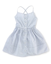 A pretty, vintage-inspired striped dress features a full, gathered skirt for timeless style. A pretty, vintage-inspired striped dress features a full, gathered skirt for timeless style.