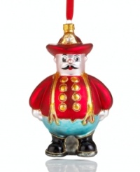 First reporting for duty in 1948, Harold the fireman is now an official balloon for Macy's Thanksgiving Day Parade. In glass with glitter detail, his collectible Christmas ornament is a salute to New York City's bravest. First reporting for duty in 1948, Harold the fireman is now an official balloon for Macy's Thanksgiving Day Parade. In glass with glitter detail, his collectible Christmas ornament is a salute to New York City's bravest.