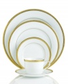 Add the warm glow of gold to your formal place settings with the classic style of the Grand Buffet Gold dinnerware collection. Fine china shines beautifully with a wide outer band of gold enhanced by a delicately detailed scroll pattern.