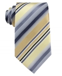 Go bold. A classic striped tie from Kenneth Cole Reaction is punctuated by a power color palette. Go bold. A classic striped tie from Kenneth Cole Reaction is punctuated by a power color palette.