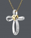 Express your faith in shimmery style. Swirling cross pendant crafted in polished sterling silver with a 14k gold heart accent. Channel-set diamonds dust the surface for extra sparkle. Approximate length: 18 inches. Approximate drop: 1-1/5 inches.