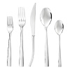 Flatware with a modern, simple silhouette and mirror finish by Ginkgo. Set includes four 5-piece place settings. Dishwasher safe.