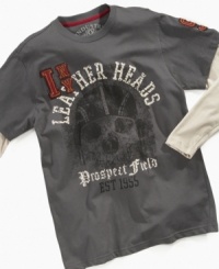 A look that's tough as nails, this Leather Heads layered t-shirt from Industry 9 gives him a sharp style. A look that's tough as nails, this Leather Heads layered t-shirt from Industry 9 gives him a sharp style.