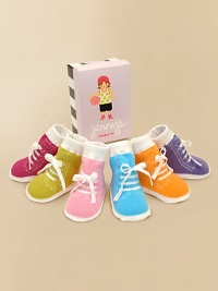 Six-pair gift set in an adorable tennis shoe design, perfect for the budding pro. Non-skid bottoms Boxed for giving Appropriate for ages 0-12 months Cotton; machine wash Imported Six-pair gift set in an adorable tennis shoe design, perfect for the budding pro. Non-skid bottoms Boxed for giving Appropriate for ages 0-12 months Cotton; machine wash Imported