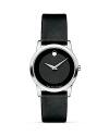 Women's Movado Museum Classic® watch in solid stainless steel with black Museum dial and black leather strap.