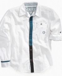 Your little man will have dapper style with this handsome faux-tie shirt from Guess. Your little man will have dapper style with this handsome faux-tie shirt from Guess.