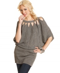 Triangular cutouts and a slouchy-chic fit make Jessica Simpson's metallic-flecked sweater tunic totally sparkle. Triangular cutouts and a slouchy-chic fit make Jessica Simpson's metallic-flecked sweater tunic totally sparkle.