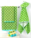 Hop to it! This cheerful Froggy hand towel makes bath time a time for smiles in pure cotton. Its green terry jacquard weave with white polka dots features a cool blue border.