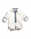 GUESS Kids Boys Button-Down Shirt with Roll-Up Sleeves a, OFF WHITE (3T)