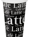 Konitz Cafe Latte Writing On Black 12-Ounce Travel Mugs and Silicon Lid, Black/White, Set of 2