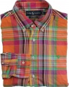 Polo Ralph Lauren Custom-Fit Poplin Madras Button Down (Large, Orange/Pink)