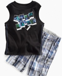 Take a snapshot! He'll be ready for his action shot in this tank and plaid cargo-short set from Kenneth Cole. Take a snapshot! He'll be ready for his action shot in this tank and plaid cargo-short set from Kenneth Cole.